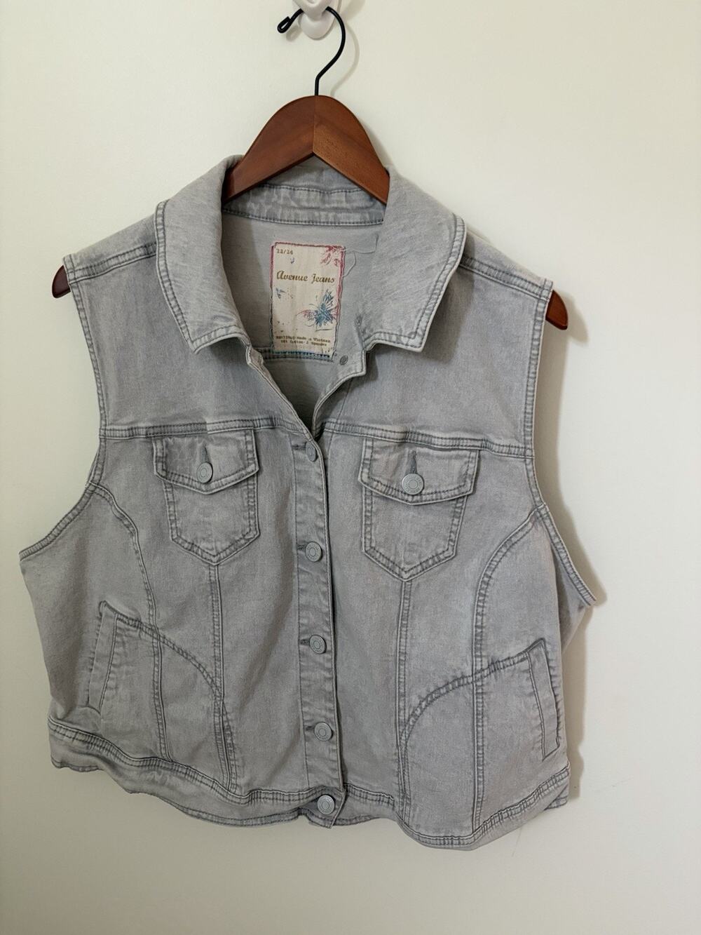 Avenue Jean Denim Jacket Vest Womens Size 22/24 Gray Acid Wash Pockets Vintage